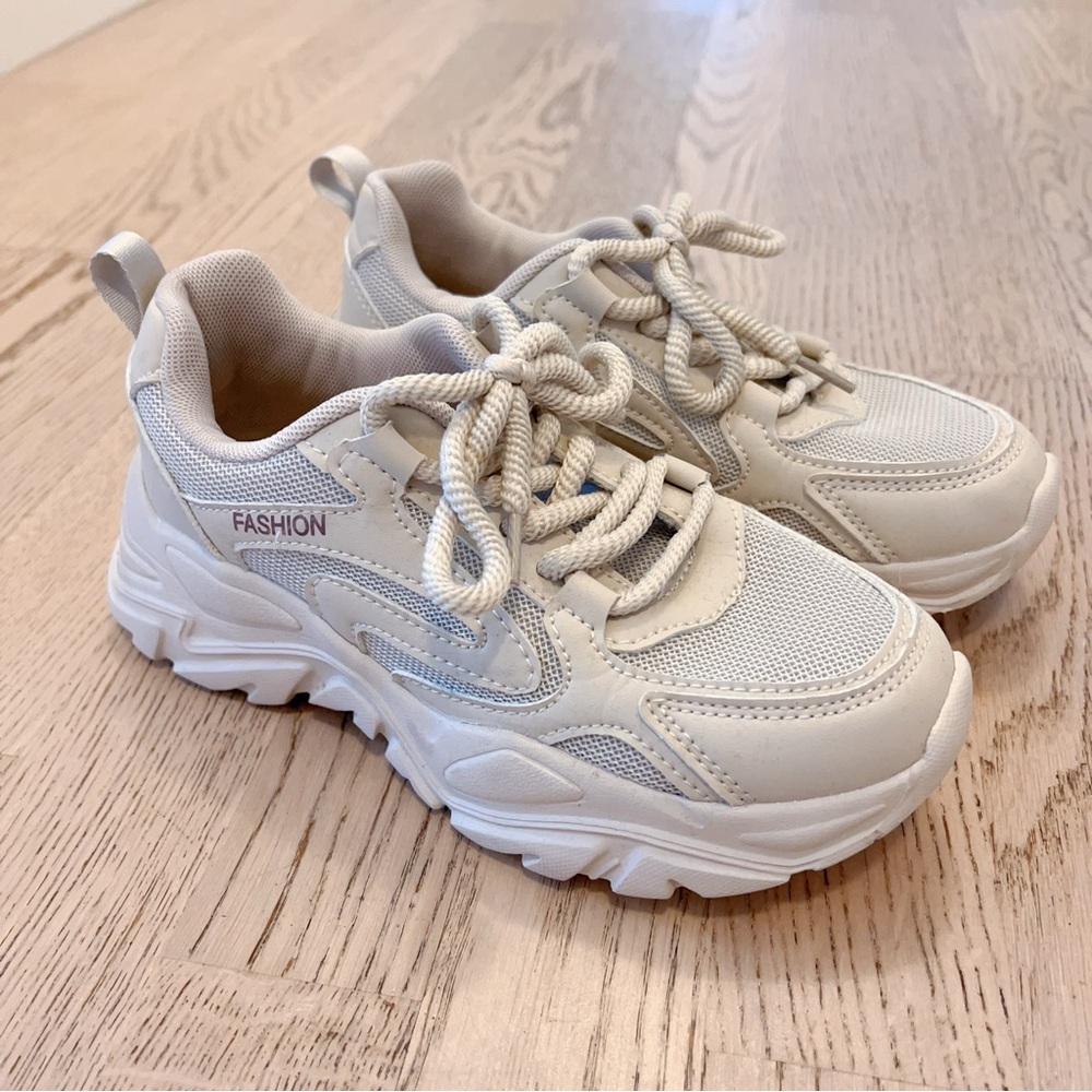 Women’s Chunky Dad Sneakers – Cream Beige Mesh Lace-Up Trainers